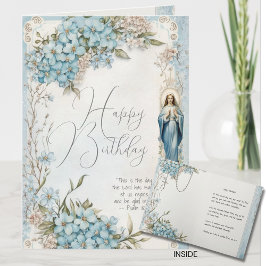 Katolsk födelsedag Maria Blå Blommig Skrift Kort