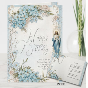 Katolsk födelsedag Maria Blå Blommig Skrift Kort