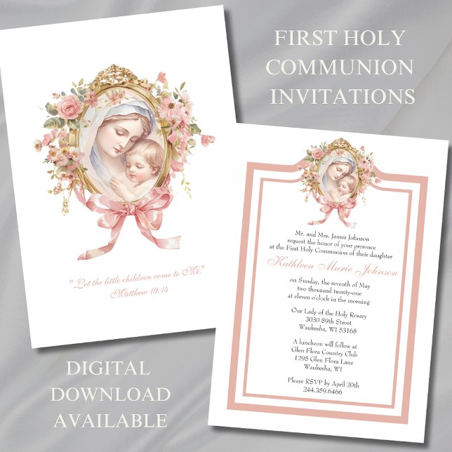 Katolsk första gemenskap Mary Jesus Rosa Inbjudningar (Skapare uppladdad)