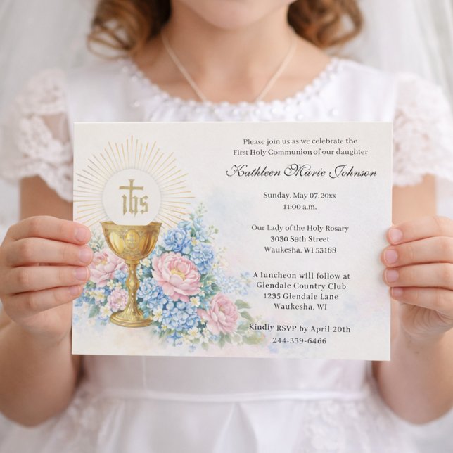 Katolsk första nattvards kalk host floral inbjudningar (Skapare uppladdad)