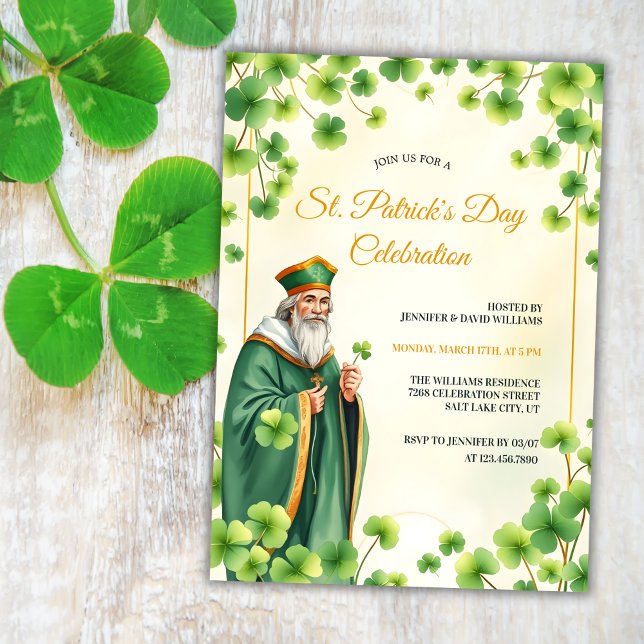 Katolsk helgon och treklöver St Patricks dag Inbjudningar (Religious St. Patrick's Day Invitation – Catholic Celebration with Saint and Shamrocks)