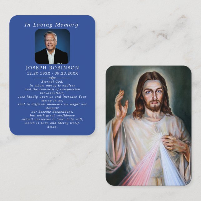 Katolsk Jesus Barmhärtighet Blå Bönekort Visitkort (Fram/baksida)