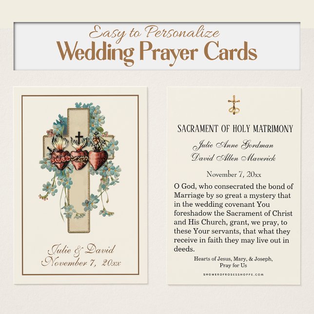 Katolsk Jesus Mary Joseph Wedding Favor Card Visitkort (Easy to Personalize Catholic hWedding Prayer Cards with the  hearts of Jesus, Mary, & Joseph)