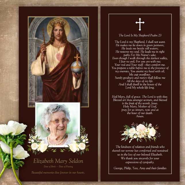 Katolsk Jesus vår Kung-begravning tackkort (Catholic, Religious, Celebration of Life, In Loving Memory of, Forever in our hearts, funeral cards)