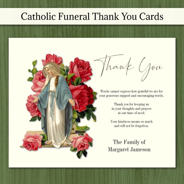Katolsk Jgin Mary Funeral Condolence Sympathy Tack Kort (Traditional Catholic Blessed Virgin Mary with red roses funeral sympathy thank you cards )