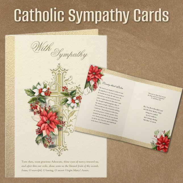 Katolsk jul sympati kondoleans Poinsettia Kort (Traditional Catholic Christmas Funeral Sympathy Condolence Cards with Cross and Poinsettias)