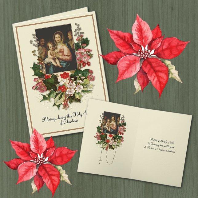 Katolsk julkort med Jungfru Maria och Jesus i blom Kort (Traditional Catholic Vintage Christmas Card with Virgin Mary and Jesus - Easy to personalize! )