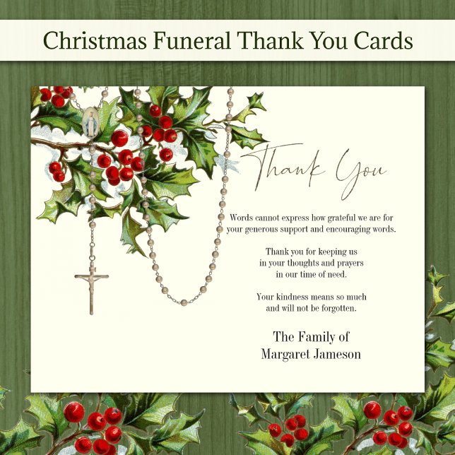 Katolsk julrosbegravning - sympati tack kort (Beautiful Christmas Catholic Funeral Sympathy Thank You Cards - Easy to Personalize)