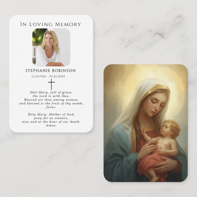 Katolsk jungfru Maria religiös begravningsbönkort Visitkort (Fram/baksida)
