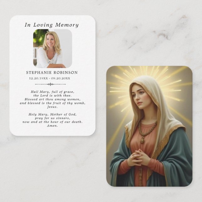 Katolsk jungfru Maria religiös begravningsbönkort Visitkort (Fram/baksida)