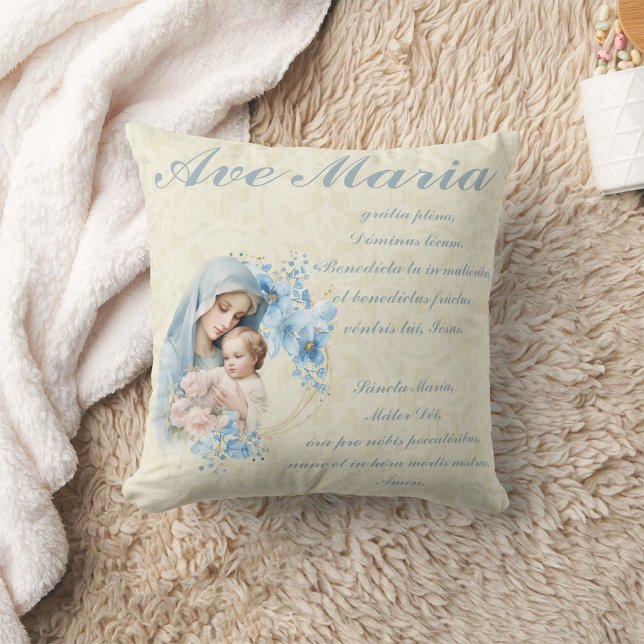 Katolsk Junggin Mary Jesus Blue Blommigt Ave Maria Kudde ( Made from high-quality Simplex knit fabric, these 100% polyester pillows are soft and wrinkle-free.)