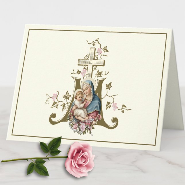 Katolsk kors med Blessed Mother Jesus och blommor Helgkort (Skapare uppladdad)
