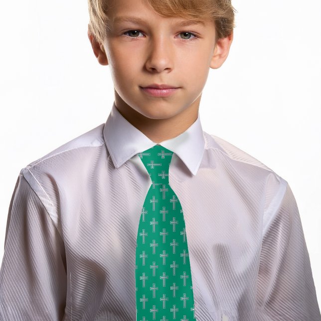 Katolsk kors smaragdgrön falsk silver kommunion slips (Skapare uppladdad)