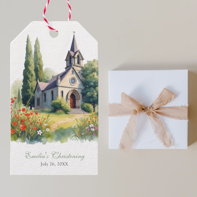 Katolsk kyrkobaptism i Blommigt av vattenfärg Presentetikett (Watercolor Floral Catholic Church Baptism Gift Tags)