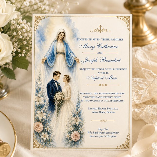Katolsk marian blomsterlig vigselmässa bröllop  inbjudningar (Skapare uppladdad)