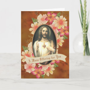 Katolsk massa som ger Blommigt Helig Heart Jesus Helgkort