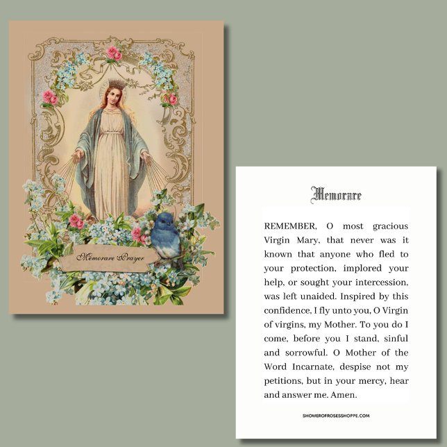 Katolsk Mor Mary Blommigt Memorare Prayer Placeringskort (Skapare uppladdad)