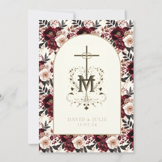Katolsk Mörk Röda  Blommigten Religiösa Bröllop Inbjudningar (Baksida)