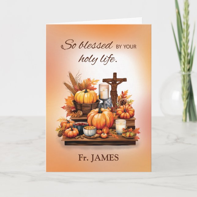 Katolsk pastor-Thanksgiving med Crucifix Pumpkin Kort (Framsida)