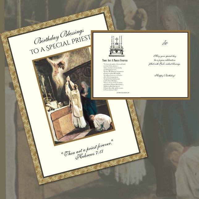 Katolsk präst födelsedagsbön altartjänare hälsningskort (Catholic Priest Birthday Greeting Card with the Sacrifice of the Holy Mass & Virgin Mary)