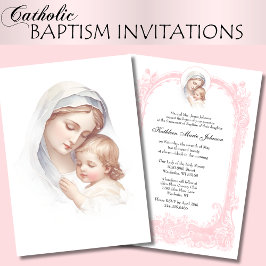 Katolsk Rosa Baptism Christening Mary Jesus Inbjudningar