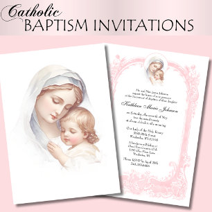 Katolsk Rosa Baptism Christening Mary Jesus Inbjudningar