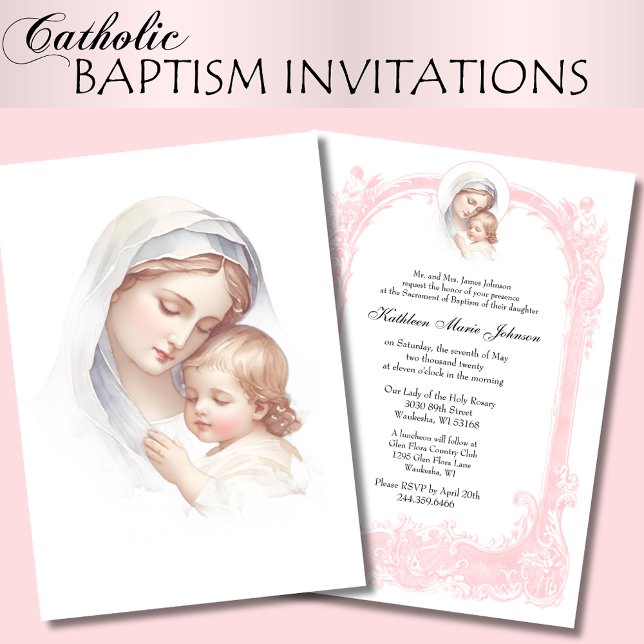 Katolsk Rosa Baptism Christening Mary Jesus Inbjudningar (Skapare uppladdad)