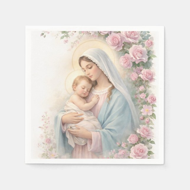 Katolsk Rosa Blommig Jesusbarnet & Jungfru Maria  Pappersservett (Framsidan)