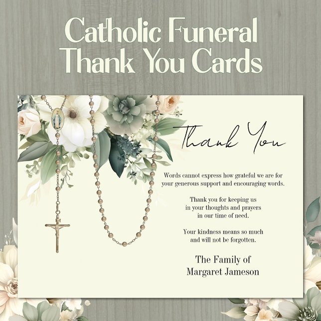 Katolsk Rosary Blommigt Funeral Condolence Sympath Tack Kort (Traditional Catholic Funeral Memorial Thank You Cards)