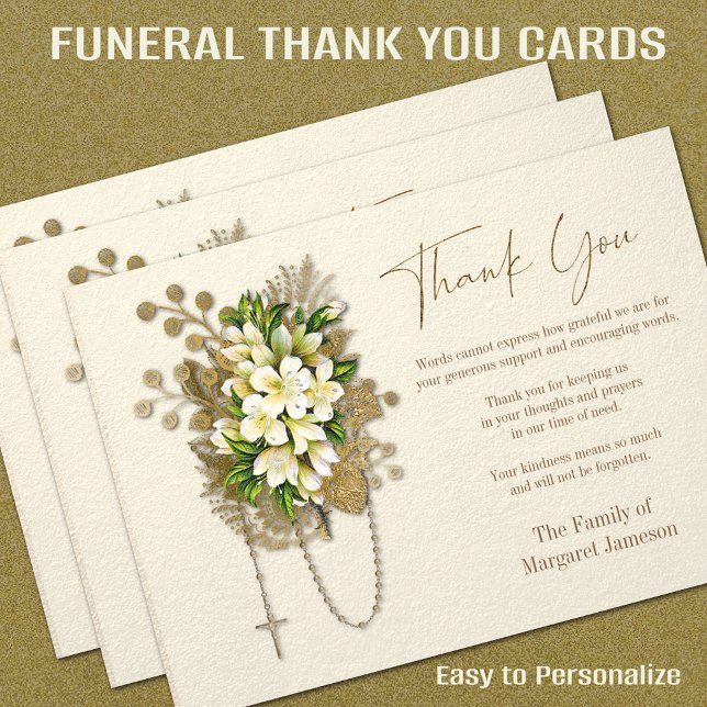 Katolsk Rosary Blommigt Funeral Condolence Sympath Tack Kort (Catholic Funeral Thank You Cards - Easy to Personalize -= FREE SHIPPING at checkout)