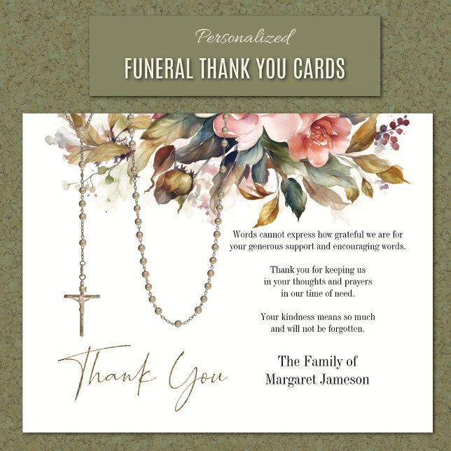 Katolsk Rosary Blommigt Funeral Condolence Sympath Tack Kort (Personalized Catholic Funeral Memorial Thank You Cards)