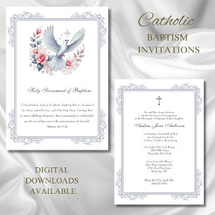 Katolsk Silver-baptism Dove Rosa ros Inbjudningar
