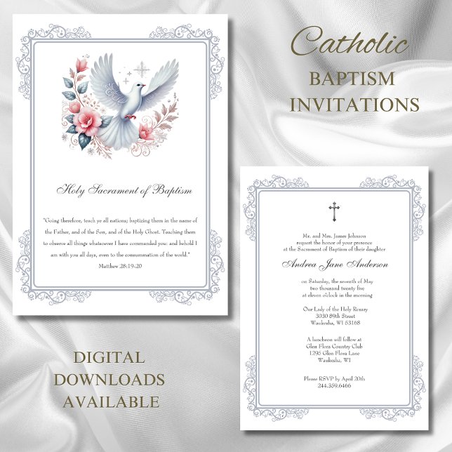 Katolsk Silver-baptism Dove Rosa ros Inbjudningar (Skapare uppladdad)