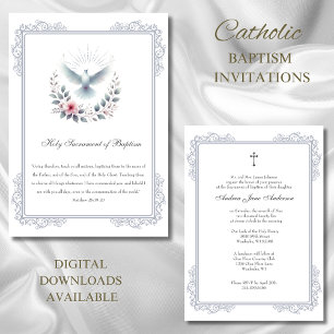 Katolsk Silver-baptism Dove Rosa ros Inbjudningar