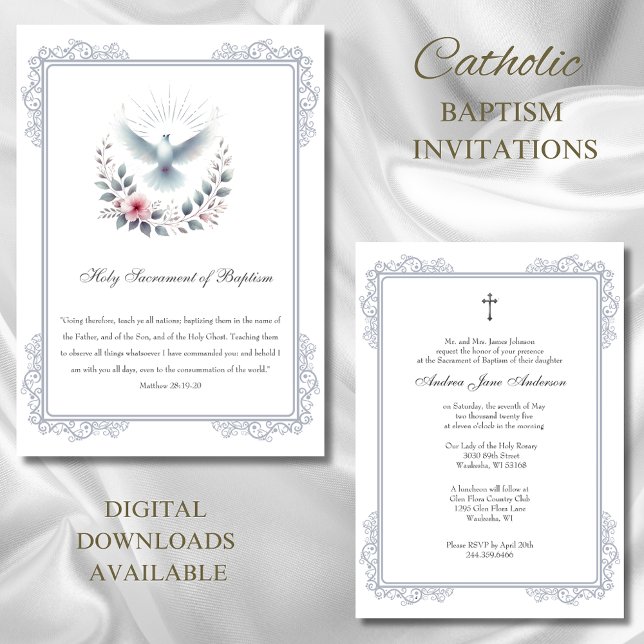 Katolsk Silver-baptism Dove Rosa ros Inbjudningar (Skapare uppladdad)