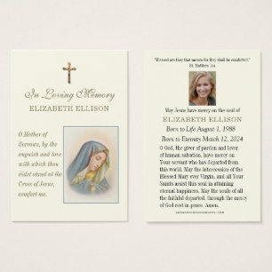 Katolsk sorrowful Mary Funeral Memorial Prayer Visitkort