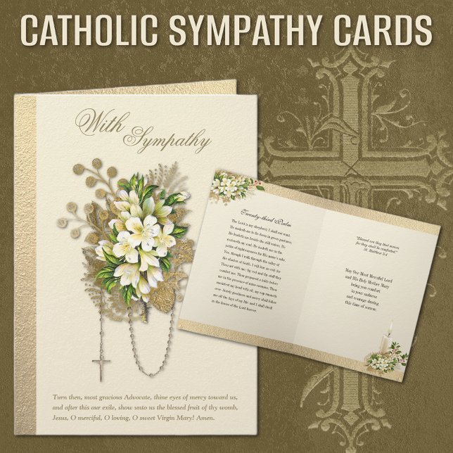 Katolsk Sympati Kondoleans Blommig Rosenkrans  Kort (TRADITIONAL CATHOLIC FUNERAL SYMPATHY CARDS WITH ROSARY AND SCRIPTURE)