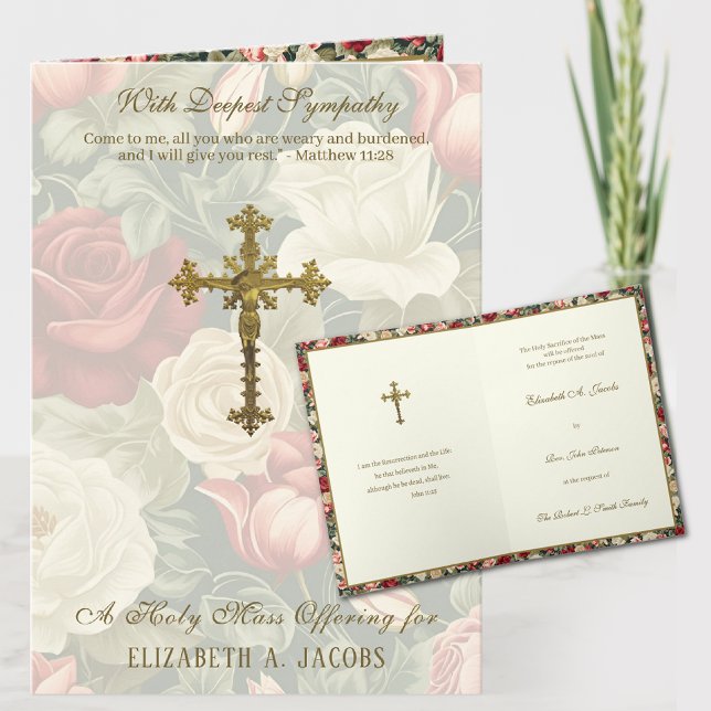 Katolsk Sympatimässa Offer Krucifix Rosor Kort (TRADITIONAL CATHOLIC SYMPATHY MASS OFFERING CARD WITH SCRIPTURE AND CRUCIFIX)
