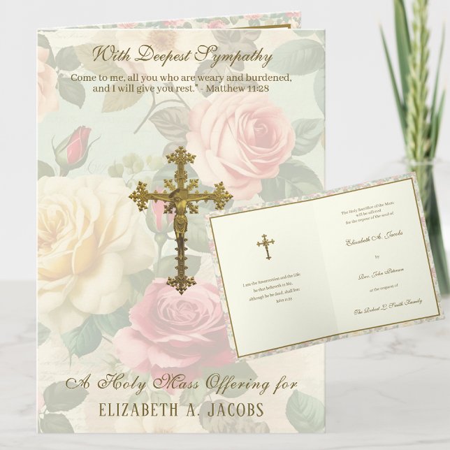 Katolsk sympatimassa som ger Crucifix Ro Kort (TRADITIONAL CATHOLIC FUNERAL SYMPATHY MASS OFFERING CARD WITH SCRIPTURE AND ROSES AND CRUCIFIX)