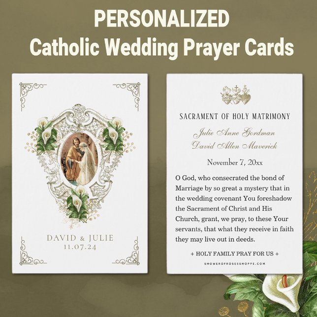 Katolska bröllopskort med blommor visitkort (Traditional Catholic Personalized Wedding Prayer Cards with Calla Lilies)