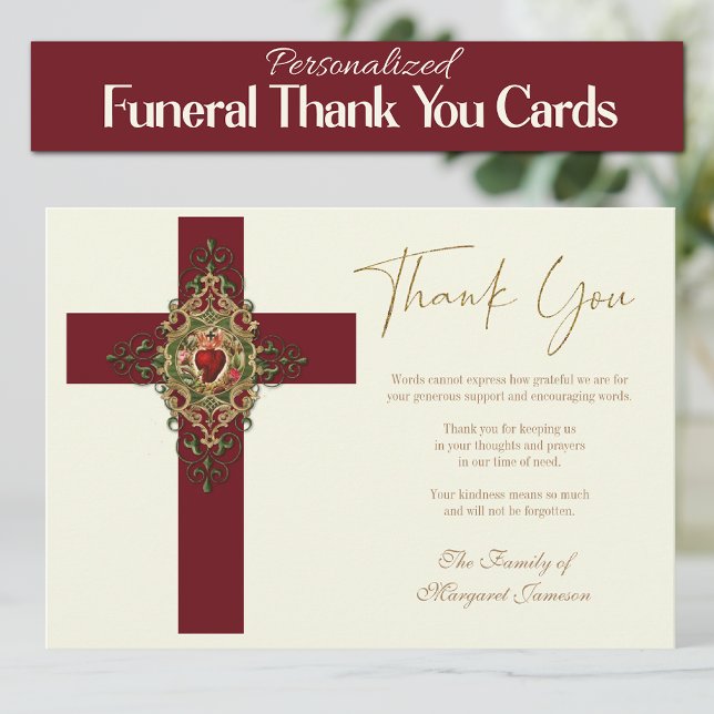 Katolska Helig Heart Kor Funeral Memorial Tack Kort (Traditional Catholic Sacred Heart of Jesus Funeral Thank you Condolence Cards)