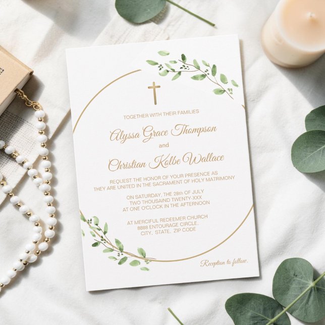 Katolska Kyrkans BröllopsKRANS med Kors Elegant Inbjudningar (Gold cross with wreath greenery catholic wedding invitation.)
