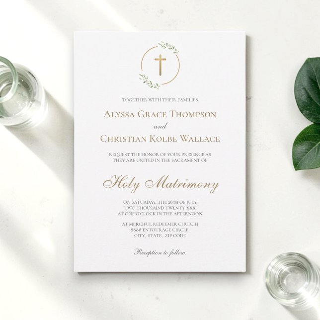 Katolska Kyrkbröllop Elegant Kryss Grönska Inbjudningar (Catholic wedding holy matrimony invitation )