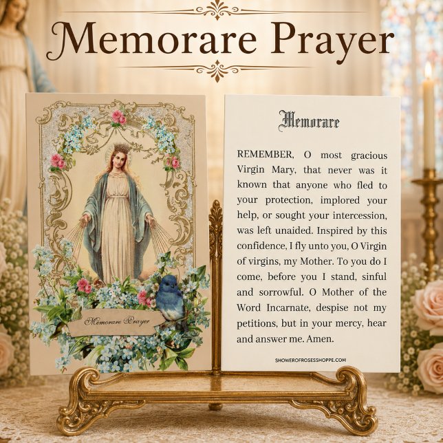 Katolska mor Maria blommiga Memorare-bön Inbjudningar (Skapare uppladdad)