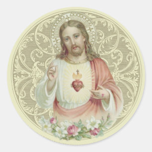Katolska Religiösan Helig Heart-Blommigten Jesus Runt Klistermärke