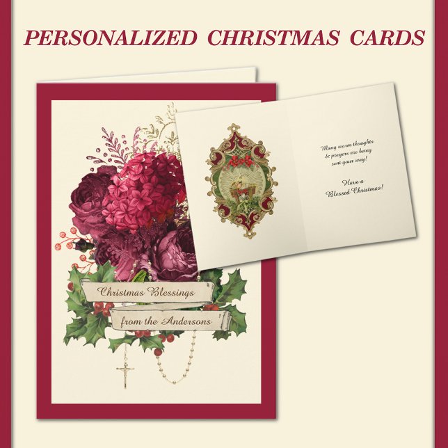 Katolska Rosenkransrosor Religiöst Jesusbarnet Helgkort (TRADITIONAL CATHOLIC VINTAGE CHRISTMAS CARD WITH HOLY ROSARY AND BABY JESUS )