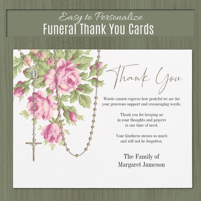 Katolska rosor Rosenkrans Begravning Kondoleans Sy Tack Kort (Traditional Catholic Holy Rosary Flat Floral Funeral Thank you Condolence Cards)