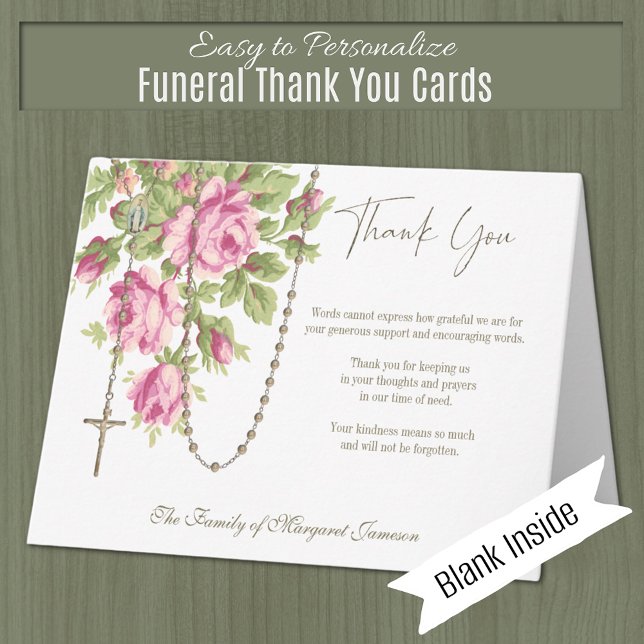 Katolska rosor Rosenkrans Begravning Minnes Sympat Tack Kort (Catholic Funeral Memorial Thank You Card)
