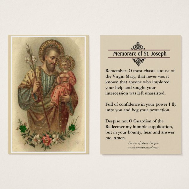 Katolska St. Joseph Memorare Prayer Heliga Cards Visitkort (Framsida & baksida)