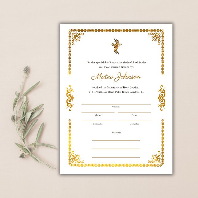 Katolskt Baptismcertifikat för Elegant av accent m (Gold Accents Elegant Catholic Baptism Certificate)